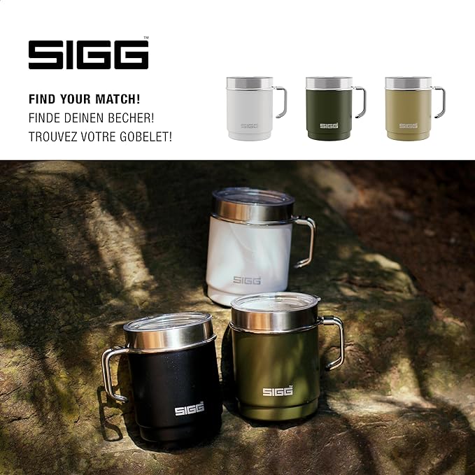 SIGG - Camping Mug with Lid - Double-Wall Insulated - Recycled Stainless Steel - Stackable - Hook Handle - Hiking, 10Oz