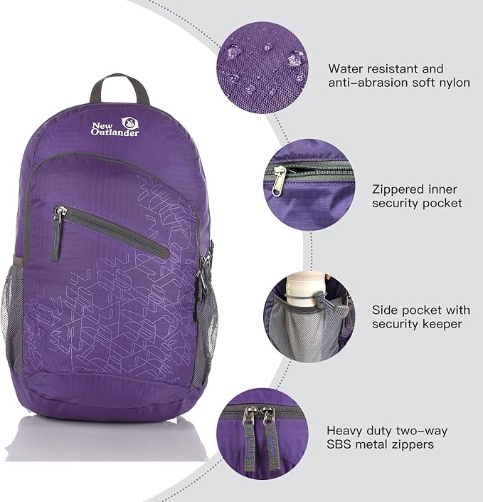 Outlander Packable Handy Lightweight Travel Hiking Backpack Daypack, Purple-L