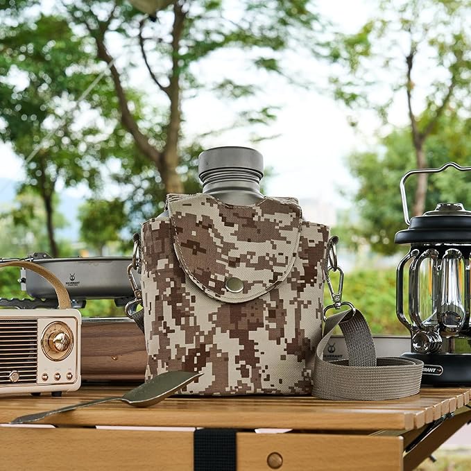 Camping Canteen Titanium Military Canteen Mess Kit Ultralight Camping Mug with Carry Pouch & Cup Foldable Handle -Bottle 1000ml, Cup 600ml