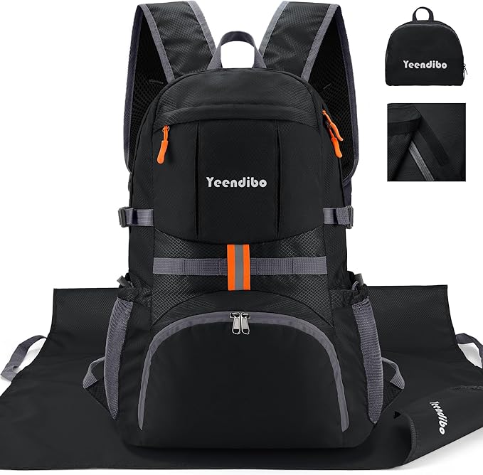 33L Waterproof Hiking Backpack with Portable-Rest Station for Camping/Travel/Outdoors, Versatile & Lightweight Foldable Daypack for Men/Women (Black, Waterproof)