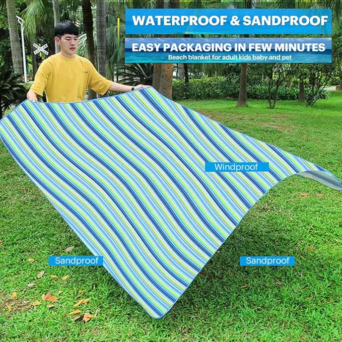 K Y KANGYUN Large Beach Blanket Picnic Blankets Sandproof WaterproofMat for Beach, Travel, Camping, Hiking, Park Grass,Home Foldable80x60in (Blue)