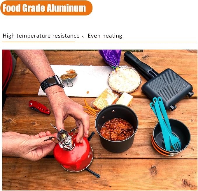 Camping Cookware Set Portable Backpacking Stove Kit, Mini Camp Stove with Non-Stick Lightweight Pots Pans and Stainless Steel Fork Knife Spoon for Outdoor Camping Hiking Cooking Gear
