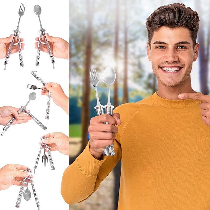 Caliber Gourmet Tactical Stainless Steel Folding Butterfly Knife Style Utensil, Fork, Spoon, Bottle Opener, Camping Hiking Kitchen BBQ Grill Picnic Flatware Utensil (Fork + Spoon), Christmas Gift