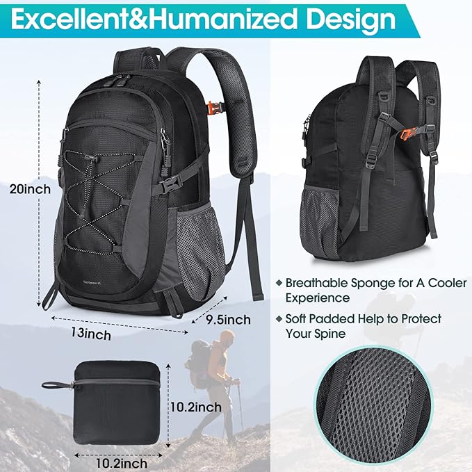 RAINSMORE Hiking Backpack 40L Waterproof Camping Backpack Lightweight Packable Backpack for Women Men Outdoor Travel Daypack