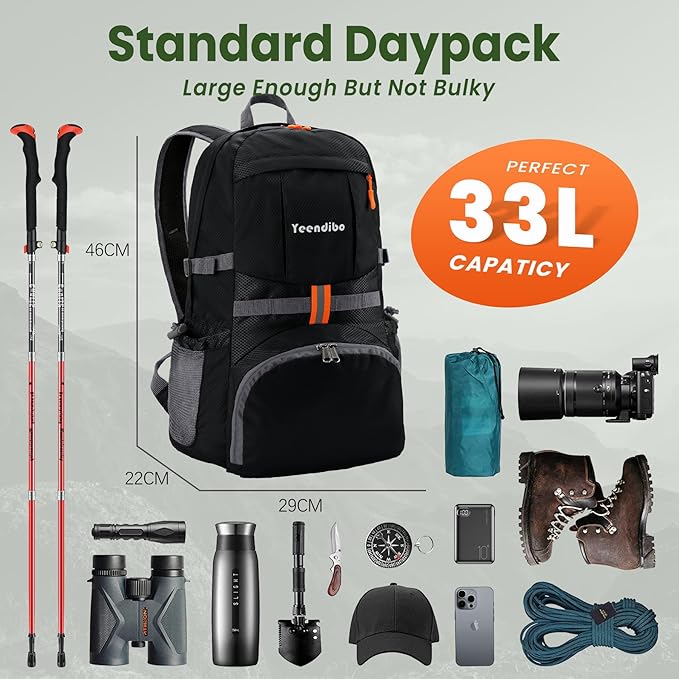 33L Waterproof Hiking Backpack with Portable-Rest Station for Camping/Travel/Outdoors, Versatile & Lightweight Foldable Daypack for Men/Women (Black, Waterproof)