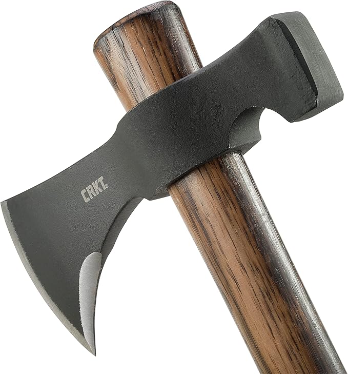 CRKT Black Woods Chogan Tomahawk Axe: RMJ T-Hawk Lightweight Outdoor Camping Axe with Hammerhead, Forged Carbon Steel Blade, Hickory Wooden Handle, Includes Sheath 2730KS