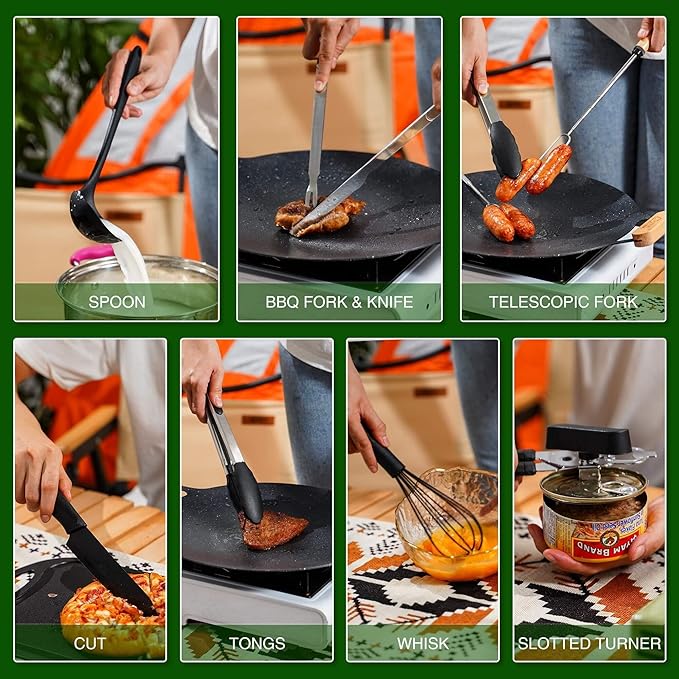 Camping Essentials Cookware Cooking Utensils Set - Camping Kitchen Utensils, Portable Outdoor Accessories, Stainless Steel & Silicone, Camping Gear Equipment for RV Picnic Grill