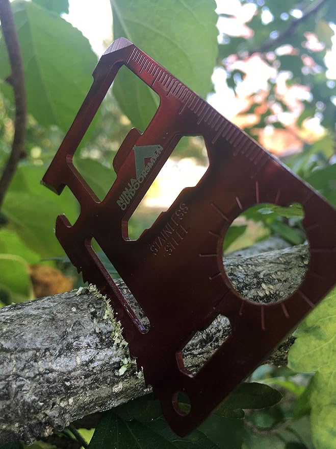 (10 Pack, Red) Ninja Outdoorsman 11 in 1 Stainless Steel Credit Card Pocket Sized Survival Multi Functional Tool - Stocking Stuffers, Christmas Gifts Under 10 Dollars