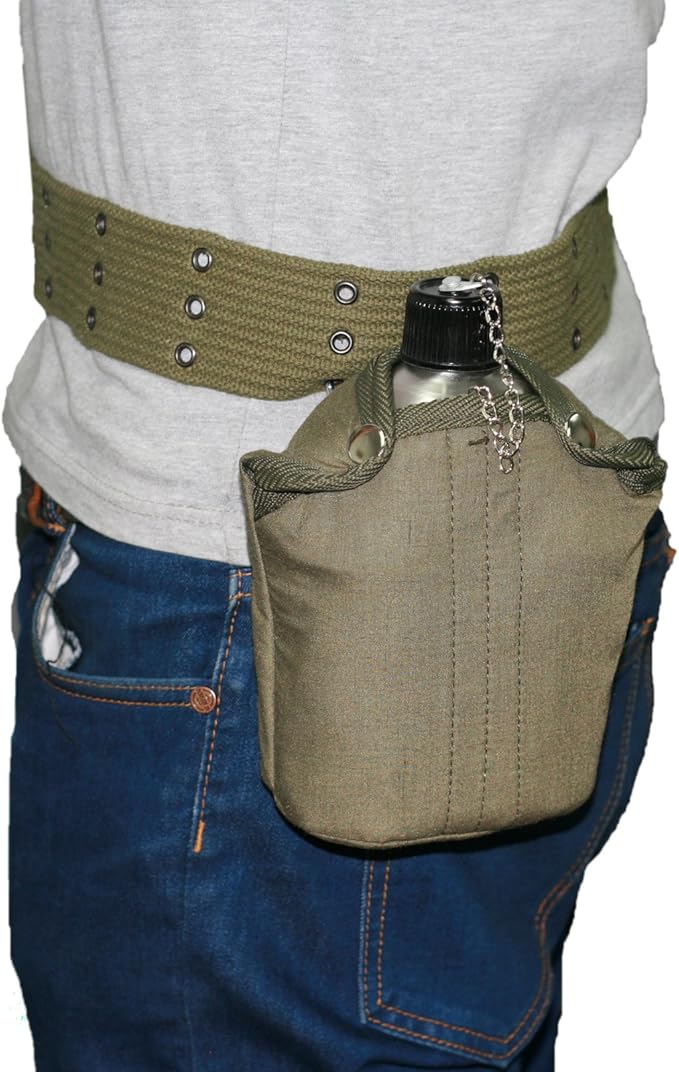 G.I. Army Stainless Steel Canteen Military with Cup and Green Nylon Cover Waist Belt for Camping Hiking Climbing (Cup with Foldable Grab Handle)