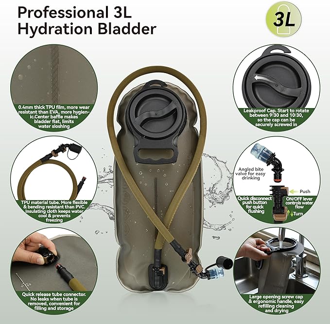 MARCHWAY Tactical Molle Hydration Pack with 3L TPU Water Bladder, Military Backpack for Backpacking, Hiking, Running, Cycling