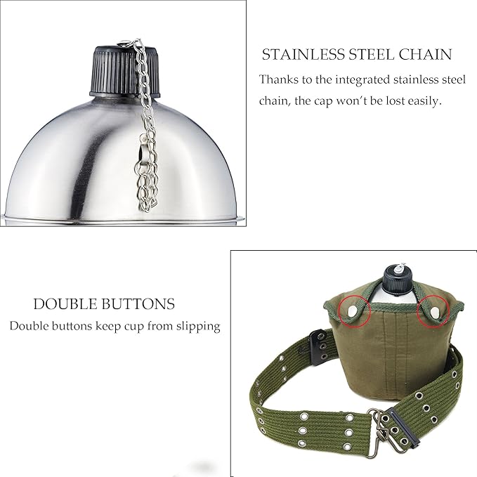 G.I. Army Stainless Steel Canteen Military with Cup and Green Nylon Cover Waist Belt for Camping Hiking Climbing (Cup with Foldable Grab Handle)