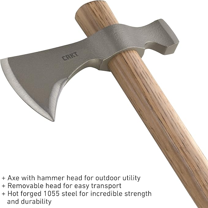 CRKT Woods Chogan Tomahawk Axe: RMJ T-Hawk Lightweight Outdoor Camping Axe with Hammerhead, Forged Carbon Steel Blade, and Hickory Wooden Handle 2730
