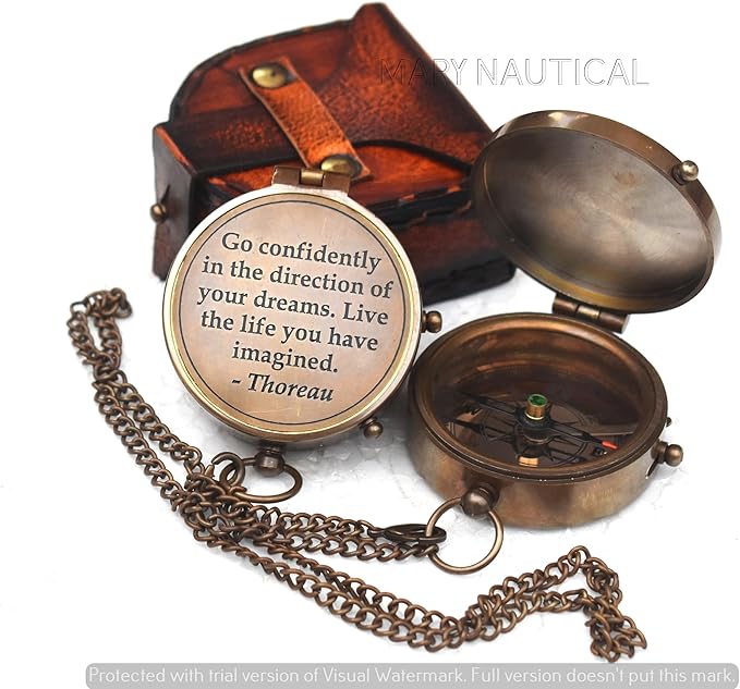 '-Thoreau's Go Confidently Graduation Gift for him, Camping Compass with Leather Pouch Boating Hiking Religious Gifts, Missionary Gifts Keepsake. Confirmation Gift Direction Compass