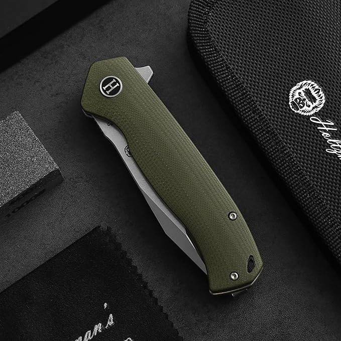 Holtzman's Gorilla Survival Folding Knife D2 Steel Blade G10 Handle Pocket Knife EDC Giftset for Men and Women (half stonewashed half silver blade + green handle (LM042))
