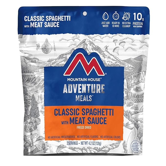 Mountain House Mexican Style Adobo Rice & Chicken, 2-Servings | Gluten-Free & Classic Spaghetti with Meat Sauce | Freeze Dried Backpacking & Camping Food |2 Servings