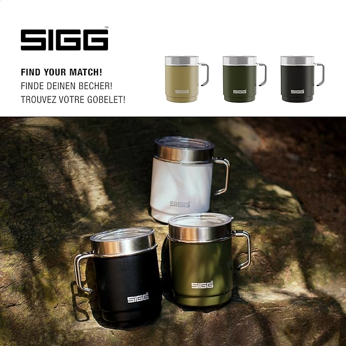 SIGG - Camping Mug with Lid - Double-Wall Insulated - Recycled Stainless Steel - Stackable - Hook Handle - Hiking, 10Oz
