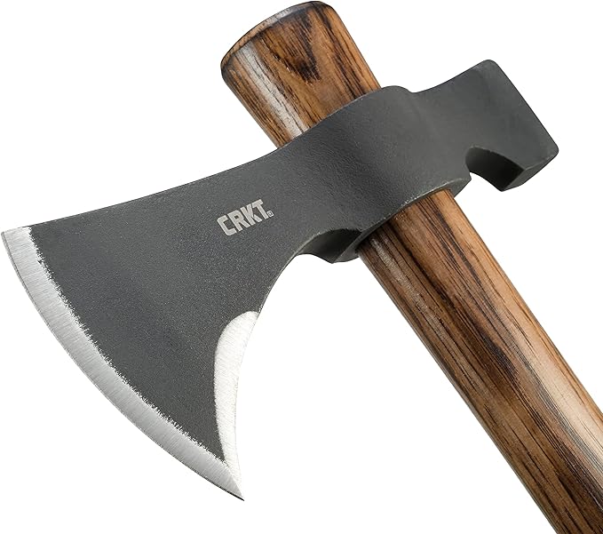 CRKT Black Woods Chogan Tomahawk Axe: RMJ T-Hawk Lightweight Outdoor Camping Axe with Hammerhead, Forged Carbon Steel Blade, Hickory Wooden Handle, Includes Sheath 2730KS