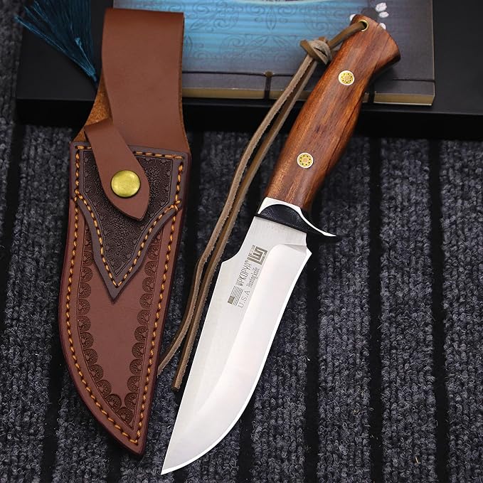 (USA 440C Steel Hunting Straight Knife + Sheath, 10.5 "Full Tang Fixed Blade, Yellow Pear Wood Handle, Outdoor, Camping and Survival, Men's, Women's cCamping Gift (WK01B)