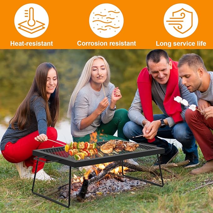 23" Fireplace Cooking Grate Camping Fire Cooking Rack, Folding Campfire Grill Folding Campfire Grill Cooking Racks, Grill Grate Over the Fire Cooking Equipment Camping Cooking Accessories for Outside