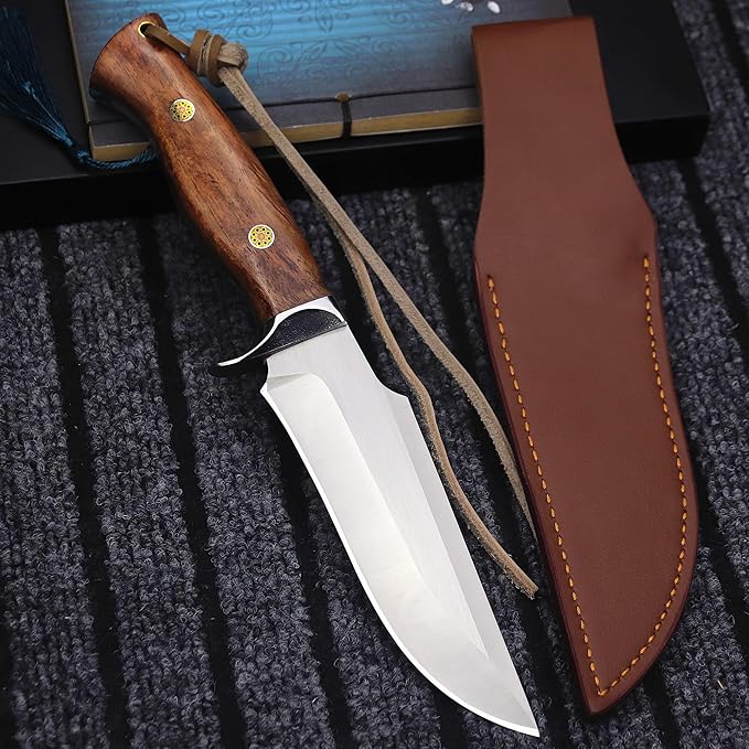 (USA 440C Steel Hunting Straight Knife + Sheath, 10.5 "Full Tang Fixed Blade, Yellow Pear Wood Handle, Outdoor, Camping and Survival, Men's, Women's cCamping Gift (WK01B)