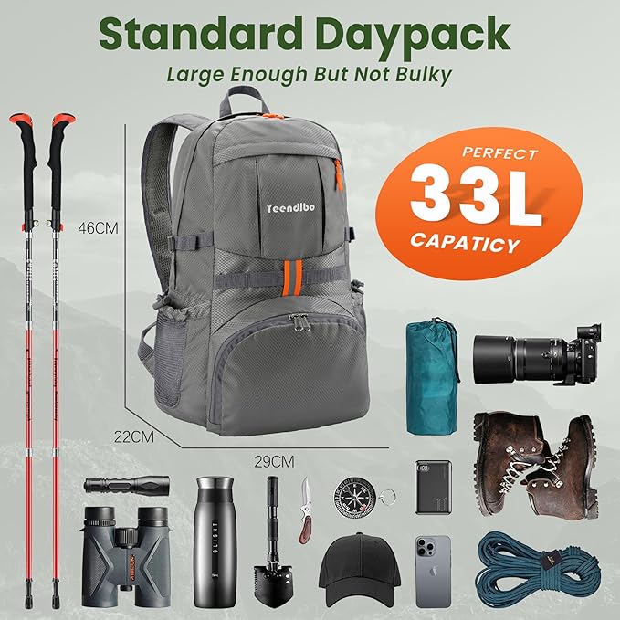 33L Waterproof Hiking Backpack with Portable-Rest Station for Camping/Travel/Outdoors, Versatile & Lightweight Foldable Daypack for Men/Women (Black, Waterproof)