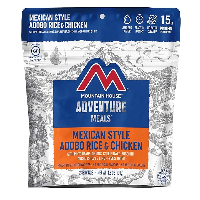 Mountain House Mexican Style Adobo Rice & Chicken, 2-Servings | Gluten-Free & Classic Spaghetti with Meat Sauce | Freeze Dried Backpacking & Camping Food |2 Servings