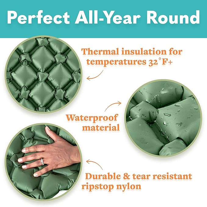 Sleeping Pad for Camping - Ultralight Sleeping Mat for Camping, Backpacking, Hiking - Lightweight, Inflatable Air Mattress - Compact Camping Mats for Sleeping- Green, 1pk