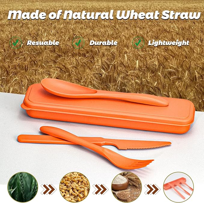 Reusable Travel Utensils Set with Case, 3 Sets Wheat Straw Portable Knife Fork Spoons Tableware, Eco-Friendly BPA Free Plastic Cutlery Travel Picnic Camping Utensils for Kids Adults Daily Use
