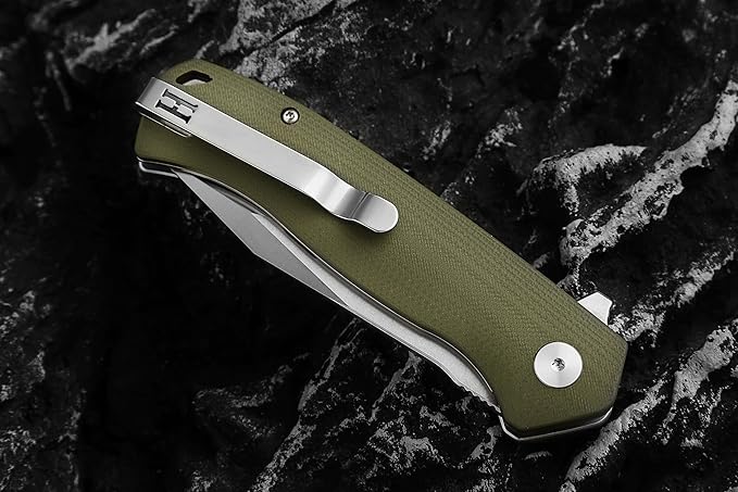 Holtzman's Gorilla Survival Folding Knife D2 Steel Blade G10 Handle Pocket Knife EDC Giftset for Men and Women (half stonewashed half silver blade + green handle (LM042))
