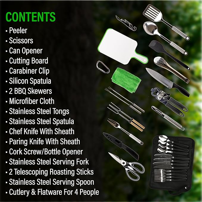 Camp Cooking Utensil Set & Outdoor Kitchen Gear Cookware Kit, Portable Compact Carry Case for Camping, Hiking, Travel, BBQ Grilling Stainless Steel Accessories Spoon & Fork