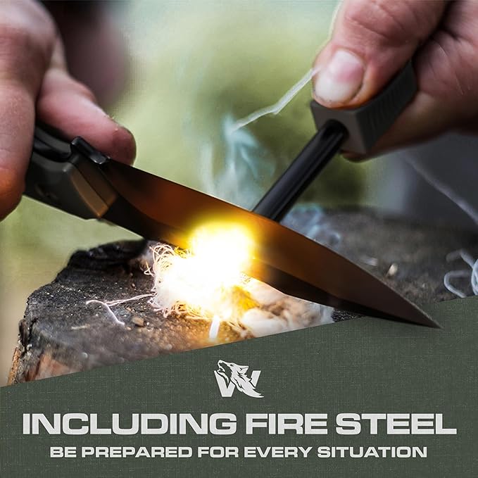 AMBULO Fixed Blade Survival Knife with Kydex Sheath and Fire Starter - Bushcraft Knife Full Tang - Made of strong D2 Steel - Hunting Knife with Belt Loop and G10 Handle - Full Tang Knife