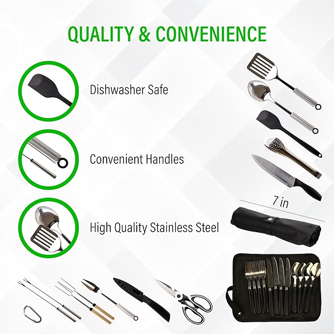 Camp Cooking Utensil Set & Outdoor Kitchen Gear Cookware Kit, Portable Compact Carry Case for Camping, Hiking, Travel, BBQ Grilling Stainless Steel Accessories Spoon & Fork