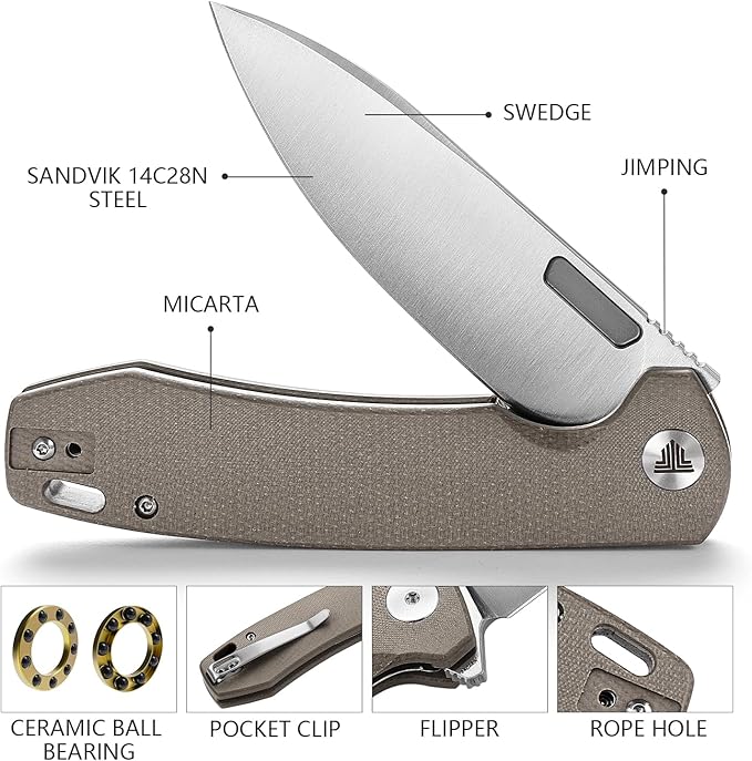 Folding Pocket Knife for Men,3.74in Sandvik 14C28N Blade and Liner Lock Micarta Handle with Reversible Deep Carry Clip,Outdoor Camping Hunting EDC Knives,Columba-04GC