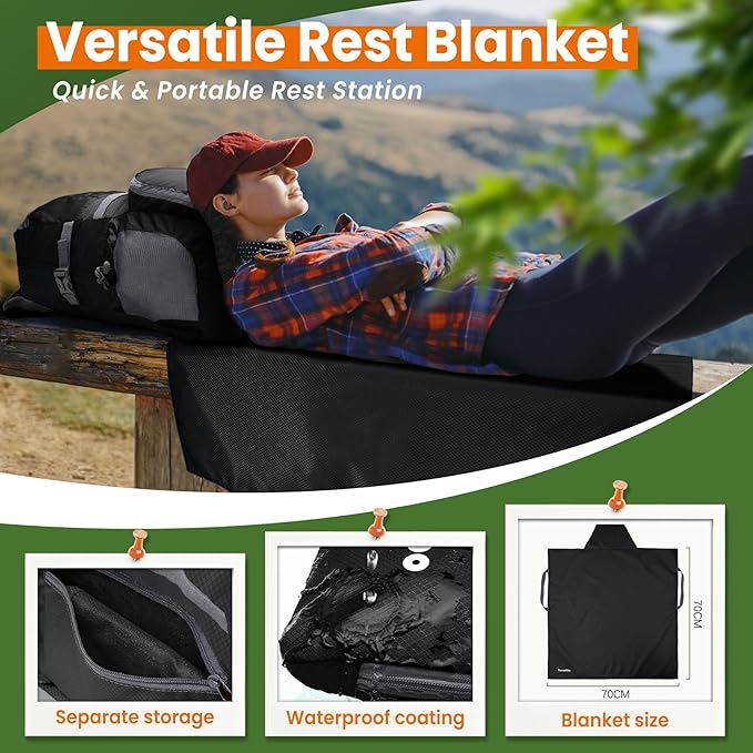 33L Waterproof Hiking Backpack with Portable-Rest Station for Camping/Travel/Outdoors, Versatile & Lightweight Foldable Daypack for Men/Women (Black, Waterproof)