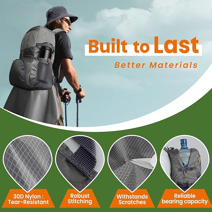 33L Waterproof Hiking Backpack with Portable-Rest Station for Camping/Travel/Outdoors, Versatile & Lightweight Foldable Daypack for Men/Women (Black, Waterproof)