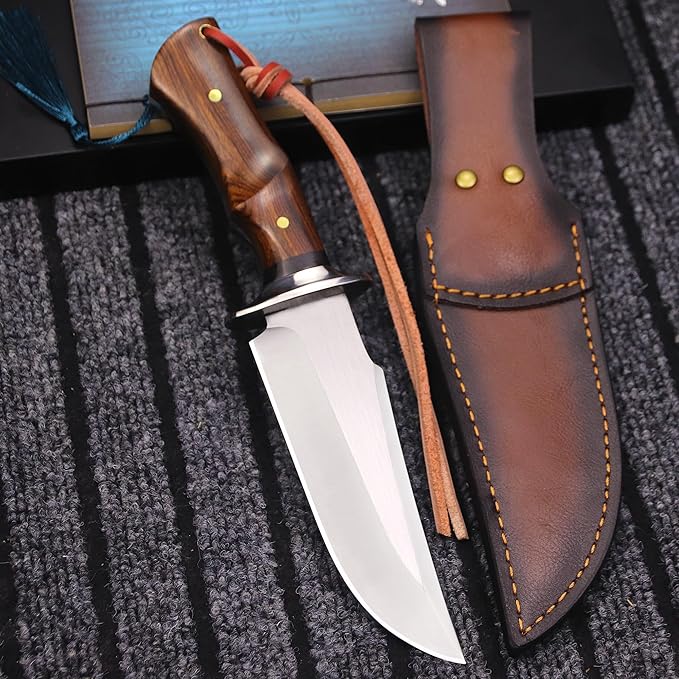 (USA 440C Steel Hunting Straight Knife + Sheath, 10.5 "Full Tang Fixed Blade, Yellow Pear Wood Handle, Outdoor, Camping and Survival, Men's, Women's cCamping Gift (WK01A)
