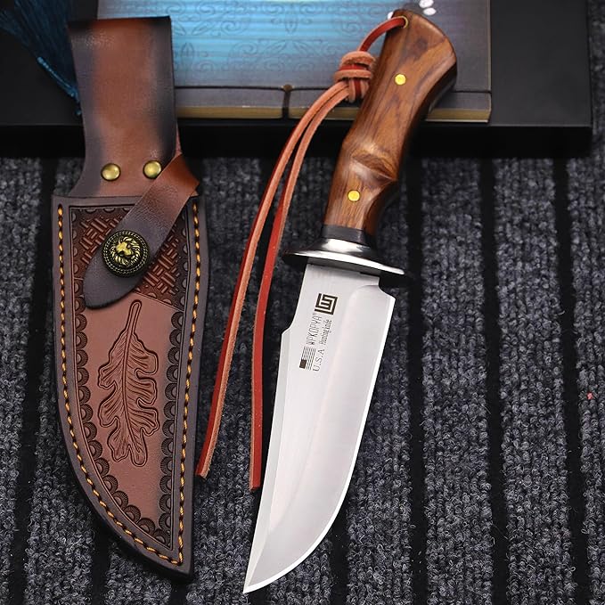 (USA 440C Steel Hunting Straight Knife + Sheath, 10.5 "Full Tang Fixed Blade, Yellow Pear Wood Handle, Outdoor, Camping and Survival, Men's, Women's cCamping Gift (WK01A)
