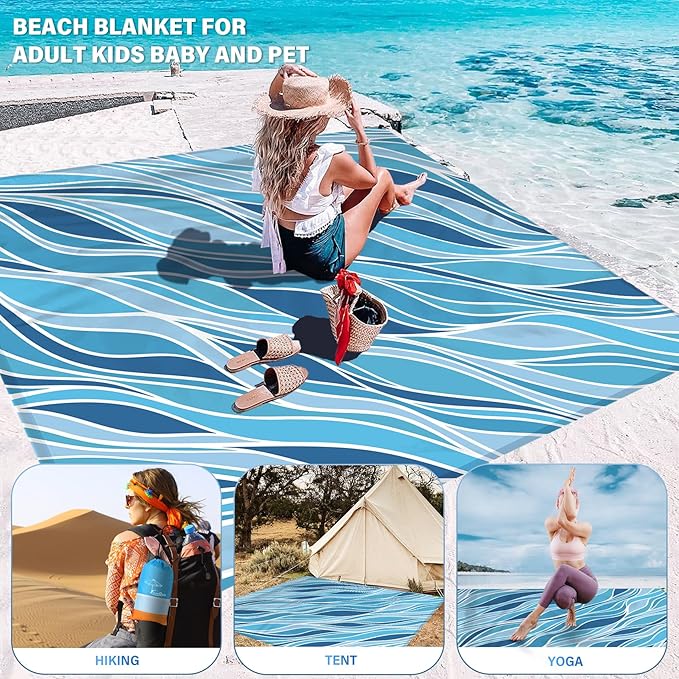 Beach Blanket Oversized Extra Large 78" X 81",Waterproof Sandproof Beach Blanket 1-7 Adults Lightweight Durable for Travel Camping Hiking Picnic