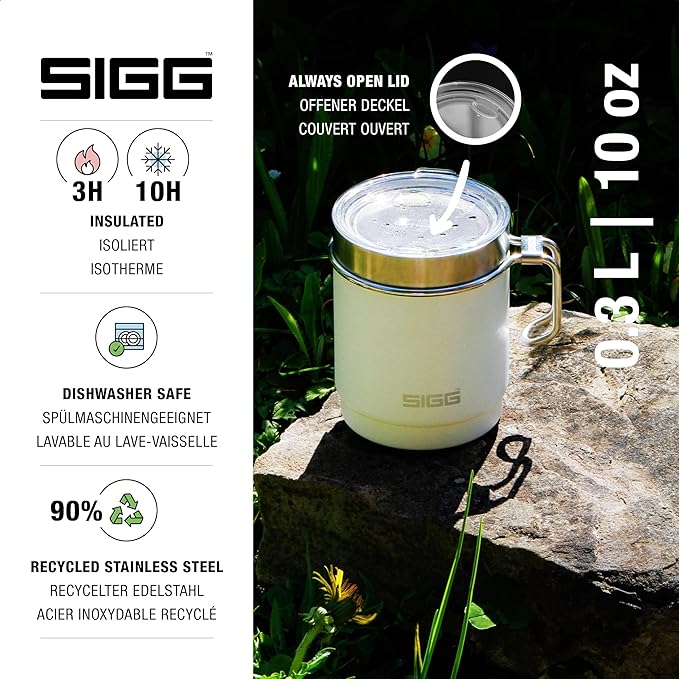 SIGG - Camping Mug with Lid - Double-Wall Insulated - Recycled Stainless Steel - Stackable - Hook Handle - Hiking, 10Oz