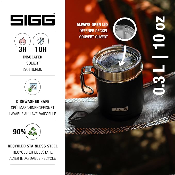 SIGG - Camping Mug with Lid - Double-Wall Insulated - Recycled Stainless Steel - Stackable - Hook Handle - Hiking, 10Oz