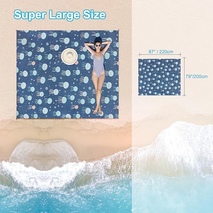ISOPHO Beach Blanket Sand Proof, Pongee Picnic Blankets, Extra Large Beach Mat Quick Drying, Lightweight & Durable, Esentials for Outdoors, Travel, Beach Picnic, 79 x 87 Inches, Jellyfish Print