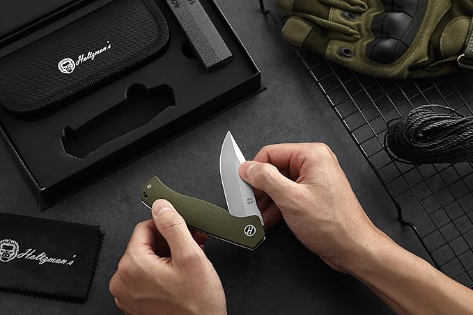 Holtzman's Gorilla Survival Folding Knife D2 Steel Blade G10 Handle Pocket Knife EDC Giftset for Men and Women (half stonewashed half silver blade + green handle (LM042))
