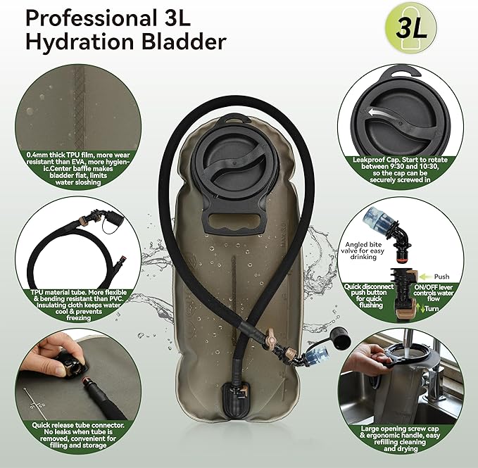 MARCHWAY Tactical Molle Hydration Pack with 3L TPU Water Bladder, Military Backpack for Backpacking, Hiking, Running, Cycling