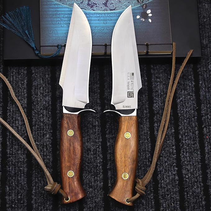 (USA 440C Steel Hunting Straight Knife + Sheath, 10.5 "Full Tang Fixed Blade, Yellow Pear Wood Handle, Outdoor, Camping and Survival, Men's, Women's cCamping Gift (WK01B)