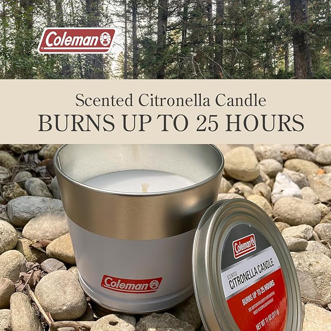 Coleman Outdoor Citronella Candle, Decorative Tin Candle for Patio, Backyard, Outdoor, Camping Candle, White Tin Candle with Cover, Up to 25 Hours Burn time, 11oz