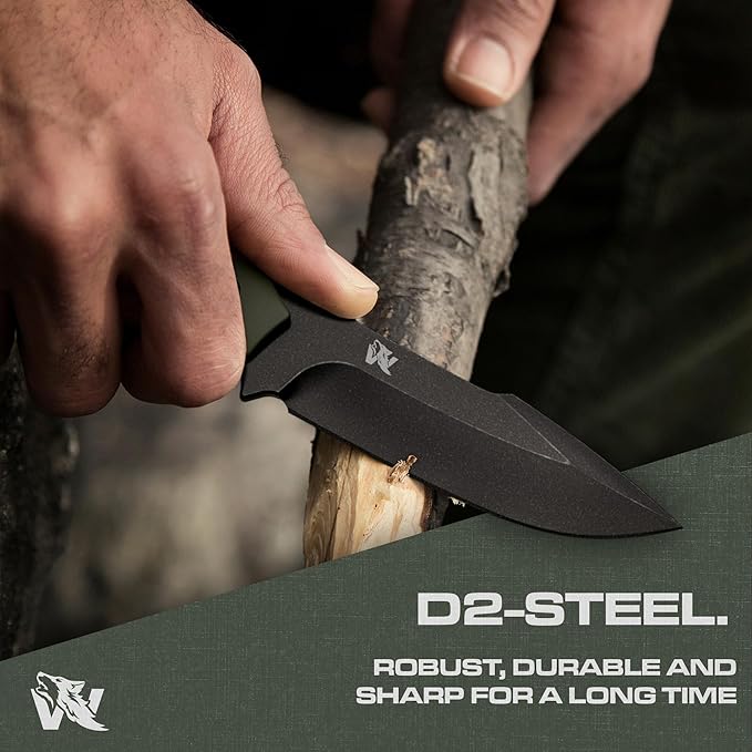AMBULO Fixed Blade Survival Knife with Kydex Sheath and Fire Starter - Bushcraft Knife Full Tang - Made of strong D2 Steel - Hunting Knife with Belt Loop and G10 Handle - Full Tang Knife