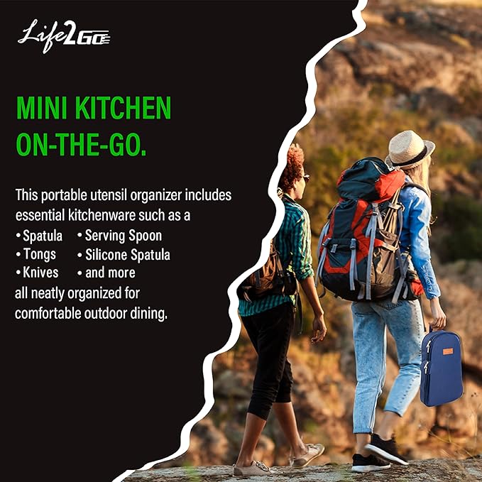 Camp Cooking Utensil Set & Outdoor Kitchen Gear Cookware Kit, Portable Compact Carry Case for Camping, Hiking, Travel, BBQ Grilling Stainless Steel Accessories Spoon & Fork
