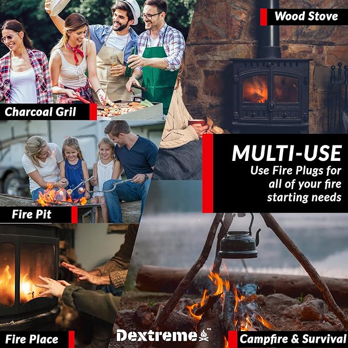 Dextreme Fire Plugs (50) Waterproof Fire Starter for Campfires, Emergencies, Survival, Fire Pits, Grills | 5+ Minute Burn | All Natural | Made in North America