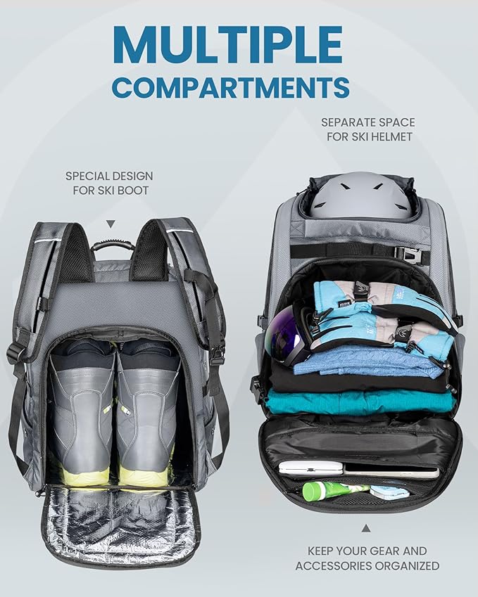 OutdoorMaster Ski Boot Bag, 65L Waterproof Ski Snowboard Boots Shoulder Pad Skiing Backpack for Helmets, Goggles Men & Women