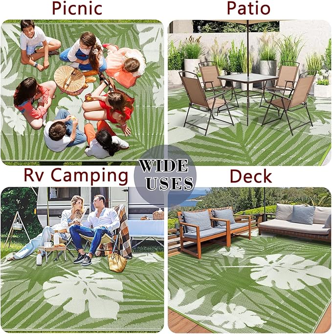 Homcomoda Outdoor Rugs 9’x12’ Waterproof Reversible Patio Rugs Outdoor Clearance Lightweight Outdoor Rugs Portable RV Camping Mats for Tents Deck Porch BBQ Beach Backyard